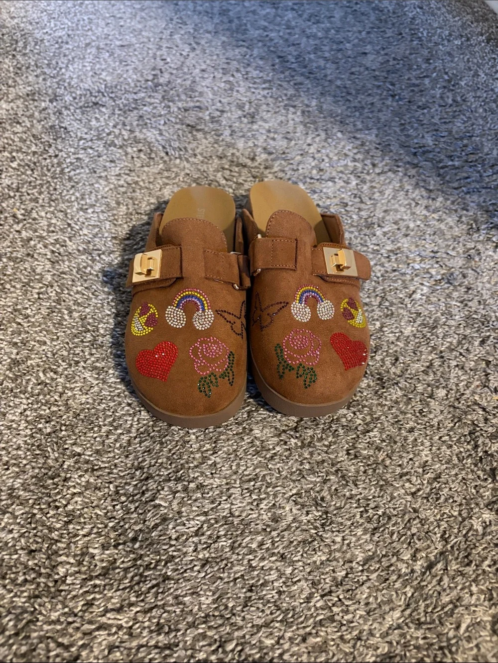 Steve Madden Brown Suede Kids Clogs with Colorful Rhinestone Hearts & Rainbows